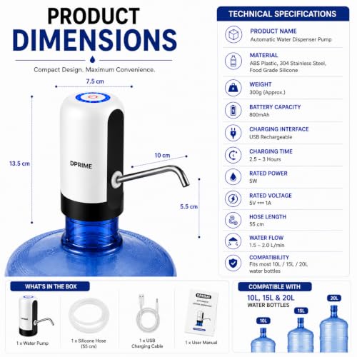 Image of DPrime Electric Water Dispenser Pump for 10L, 15L & 20 Litre Bottle | USB Rechargeable 800mAh | Stainless Steel Nozzle, Food-Grade Hose | One-Touch Portable for Home, Office & Travel