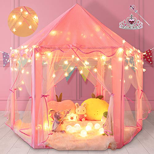 HONGTEYA Princess Castle Tent for Girls Large Play Tent with Star Lights Hexagon Princess Playhouse for Indoor and Outdoor Fun Roomy 55'' x 53'' Kids Play Tent Great Gift for Age 3+ Girls
