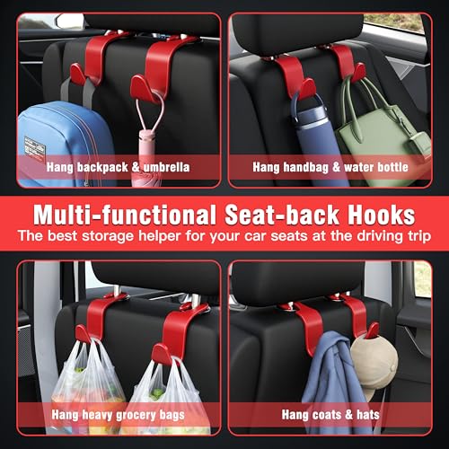 Image of 4-Pack Car Headrest Hooks Holds 55lbs Seat Storage Organizer for Bags | Durable ABS Material, 360 Rotating, Car Hanger for Backpack Umbrella Water Bottle Coat Purses Handbags Groceries, Red