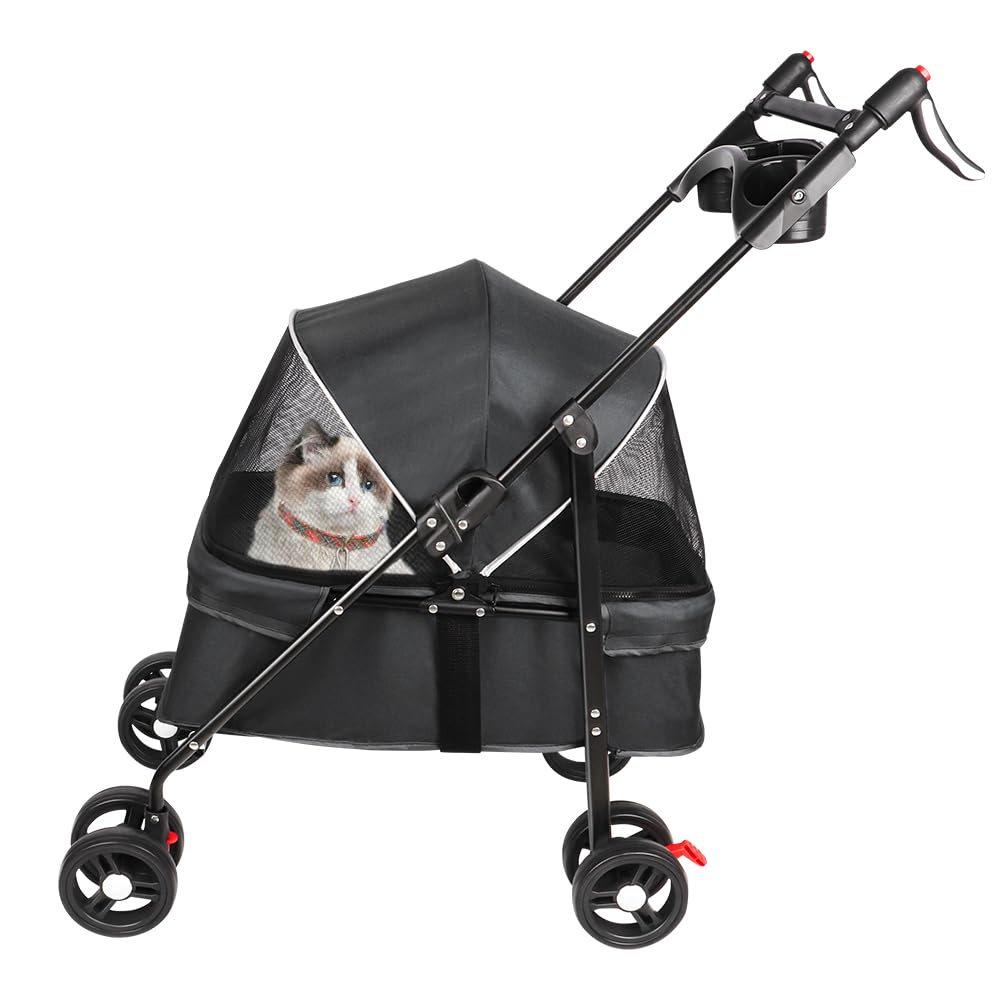 Poussette Buggy pour Chien Pet Stroller avec Porte-gobelet Animaux Voyage 25 Kg Poussette pour Chien avec Sac de Rangement et Housse de Pluie 50 * 70 * 95cm- Noir