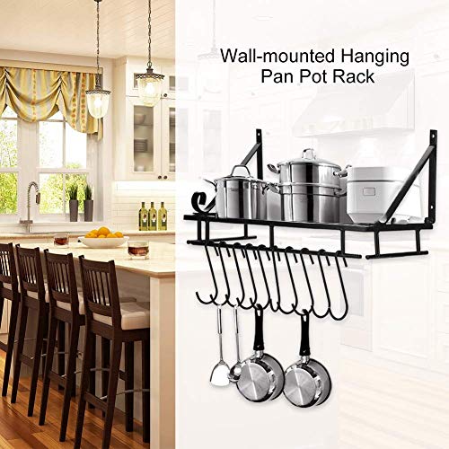 SOONHUA Wall Mounted Pan Rack Metal Pan Rack Hanging Wall Mounted With 10 Hook Holders Kitchen Storage Tray (45cm) - Image 8