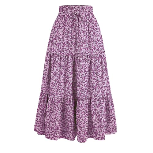Floral Maxi Skirts for Women Ditsy Floral Tiered Flowy Long Skirt Boho Drawstring High Waisted Aline Ruffle Skirt