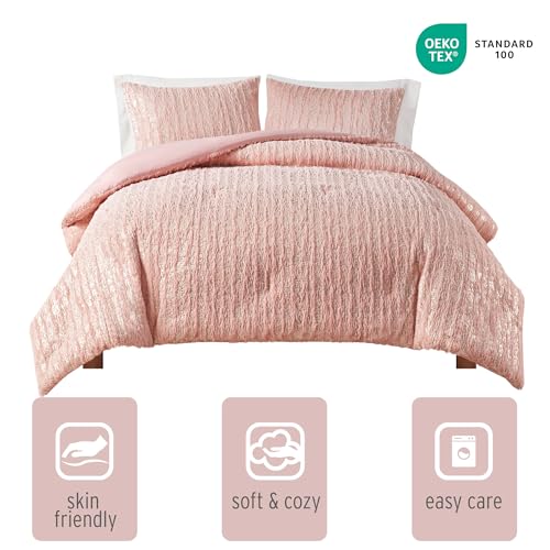 Intelligent Design Queen Faux Fur Comforter Set - Trendy Metallic, Warm & Fluffy Bed Set With 2 Shams, 3 Pieces, Naomi, Blush/Gold Full/Queen