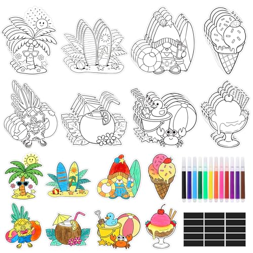 32 PCS Summer Crafts Bulk Fridge Magnet Kit Paint Your Own Summer Beach Fruit Ice Cream DIY Include 32 Magnet 24 Paint Pens Vacation Camp Party Fun Gifts Classroom School Activities