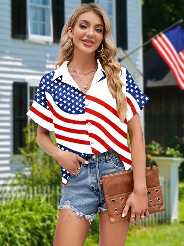 Image of American Flag Shirt for Women 4th of July USA Button Up Tops Summer Hawaii Floral Patriotic Stripes Graphic Tee