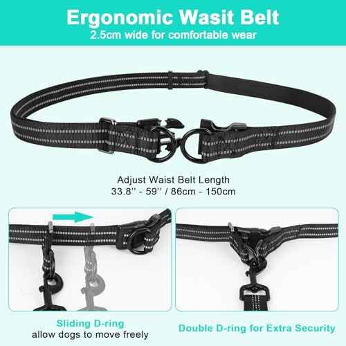Philorn Joggingleine für Hunde, Freihändig Laufleine für Große/Mittelgroße Hunde zum Joggen Laufen Wandern, Bauchgurt Hundeleine mit Dual Griffe, Reflektierende Nähte, Bauchgurt Schwarz