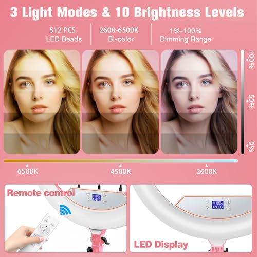 Image of 22 inchRing Light with Stand,Ring Light Tripod for iPhone ipad,with 75 inchTripod /LCD Display /4 ipad iPhone Clips /2 USB Ports,2600K-6500K Color Temperature,for Barber Makeup Tattoo TikTok Video Recording Vlog