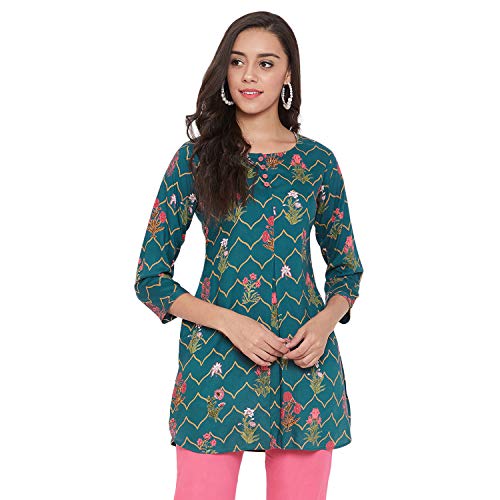 Image of Tissu Women's Green & Pink Floral Printed Kurti
