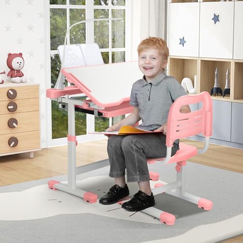 Rengue Kids Desk and Chair Set, Height Adjustable Children School Functional Study Desk with 55° Tiltable Desktop, 3 Modes & Brightness LED Light, Storage Drawer & Metal Hook for Boys Girls (Pink) by Rengue - Image 2