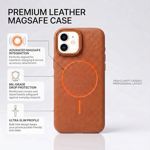 Image of amazon basics Luxury MagSafe Compatible Leather Texture Back Cover for iPhone 12 Pro | Raised Camera Protection | Slim Fit Shockproof Case with Metallic Accents (Orange)