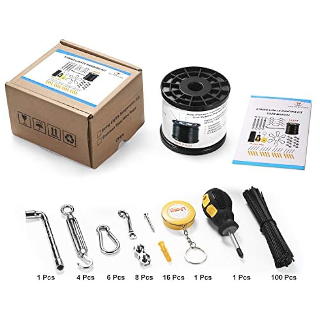 String Light Hanging Kit,Guide Wire for Outdoor String Lights, Shade sail Hardware kit,with 164 Ft Nylon Coated Stainless Steel 304 Wire Rope