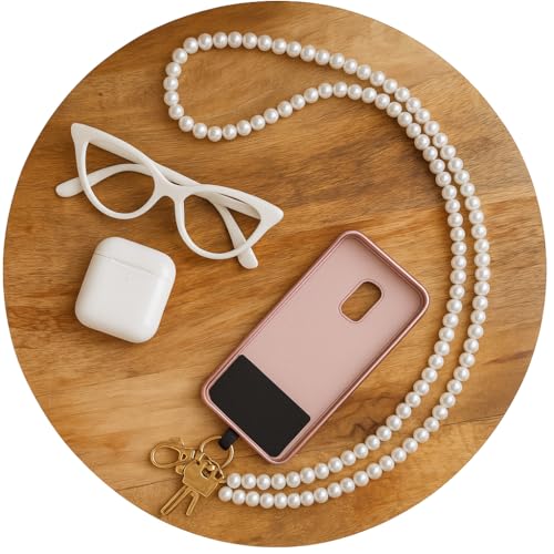 A ANCILE chaîne téléphone 120 cm Perles Blanches – Cordon bandoulière élégant avec Crochets dorés pour Smartphone et Sac – Languette Universelle Incluse