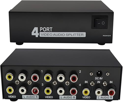 QiCheng&LYS Caja divisor RCA de 4 vías 3 alimentada, 1 en 4 salidas, duplicador de distribución de audio de video compuesto con adaptador de