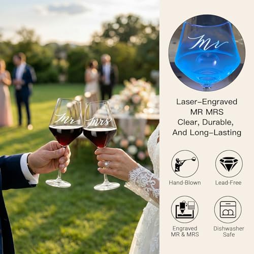 Wedding/Anniversary/Engagement/Bridal Shower and Bachelorette Gifts for Couples,Bride & Newlywed, Engraved Mr and Mrs Wine Glasses with 5-Piece Wine Accessory Kit - Image 2