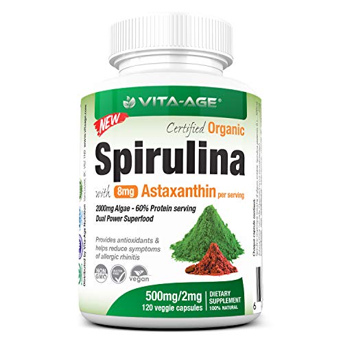 Vita-Age Organic Spirulina with Astaxanthin | 500mg 60% Protein | 120 Count | Vegan, Non-GMO, Non-Irradiated - Dual Power Superfood Supplement, Boosts Energy and Supports Immunity