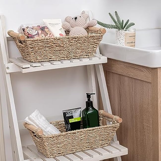 Small Wicker Baskets,small baskets for organizing,wicker storage Basket,small woven basket Seagrass Storage Baskets,Rattan Basket for Shelves Toilet Paper Basket with Handle,4 Pack