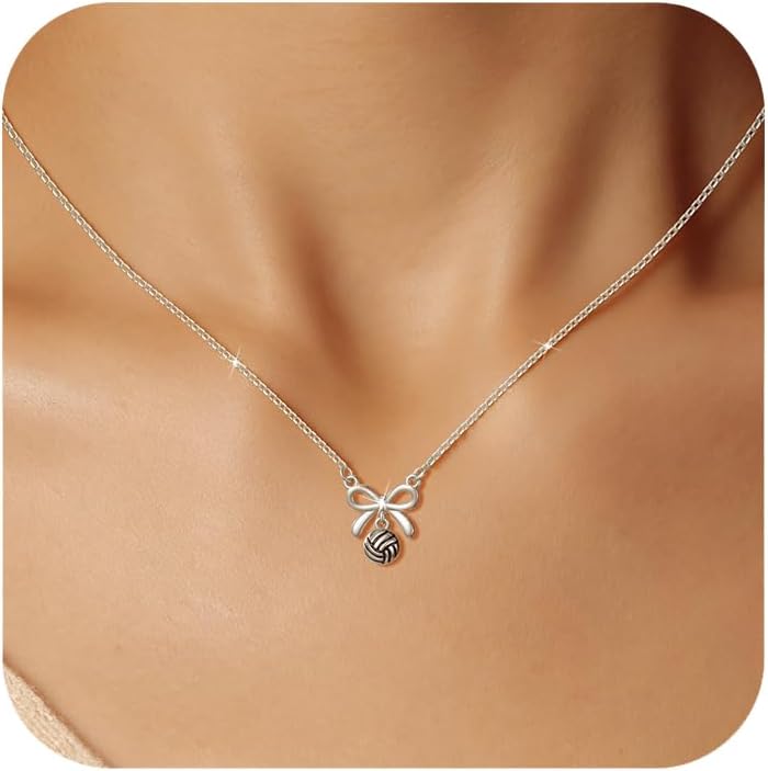 LOVECOM 925 Sterling Silver Softball/Soccer/Volleyball Bow Necklaces for Women Team Coach Player Dainty 14K Gold Plated Bow Knot Charm Peandant Necklace Sports Accessories Jewelry Gifts