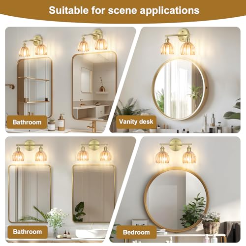 Image of Vintage Bathroom Light fixtures, Gold Vanity Lights, ETL Certified | 14.57 in, Amber Tulip Glass Shade, Hardwired Bathroom Vanity Light, E26 Socket, Bulbs Not Included