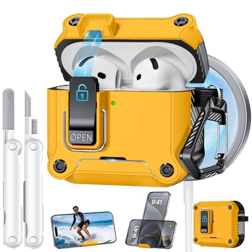 Image of Dual Safety Lock for AirPods 4 Case 2024, Compatible with MagSafe - Designed with Automatic Switch and Phone Stand, Includes a Cleaner & Keychain - Rugged Tough Hard Shell for Apple AirPods 4