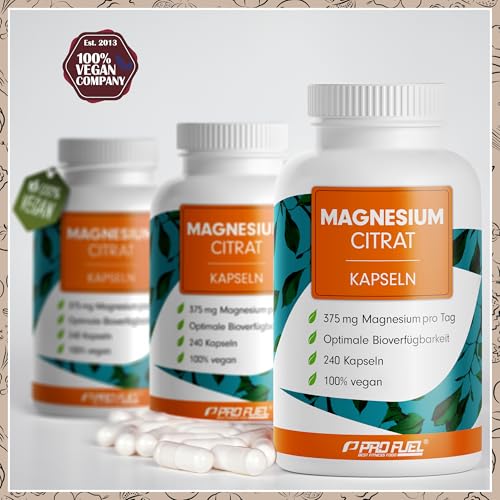 Magnesiumcitrat Kapseln 240x mit 375 mg Magnesium aus hochwertigem Magnesium Citrate - optimal hochdosiert & bioverfügbar - laborgeprüft mit Zertifikat - 100% vegan - Vorrat für 80 Tage