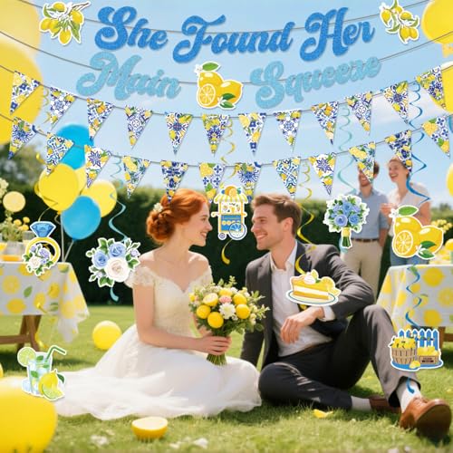 Image of Lemon Bridal Shower Decorations Include She Found Her Main Squeeze Glitter Banners Lemon Bunting Banners Hanging Swirls Amalfi Coast Lemon Theme Party Supplies for Bridal Shower