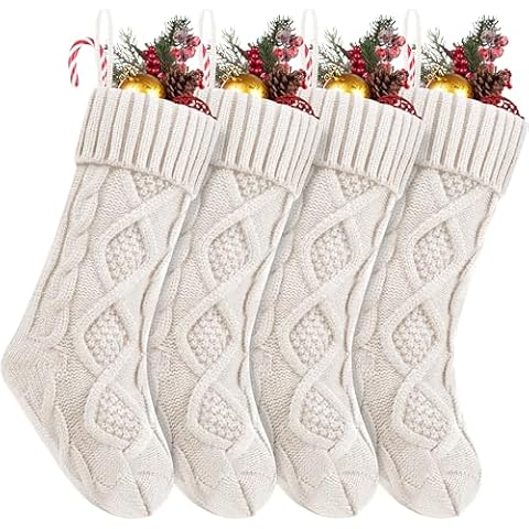 4Pack Personalized Christmas Stockings with Leather Custom Self-Adhesive Name Tags, 18 Inches Cable Knitted Stocking for Family, Xmas Holiday Party Gifts & Decoration for Fireplace(White) Cover