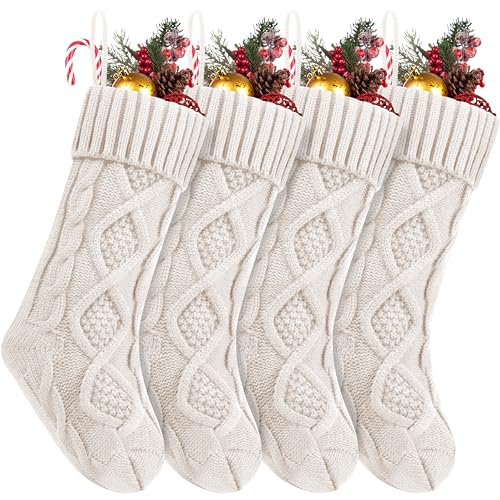 4Pack Personalized Christmas Stockings with Leather Custom Self Adhesive Name Tags 18 Inches Cable Knitted Stocking for Family Xmas Holiday Party Gifts Decoration for FireplaceWhite