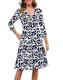Annebouti Womens 2026 Spring Midi 3/4 Sleeve Dress Fashion Elegant Semi Formal Work Teacher Outfits Boho Flower Casual Vacation Christmas Holiday Dress with Sleeves Navy Blue Floral XXL