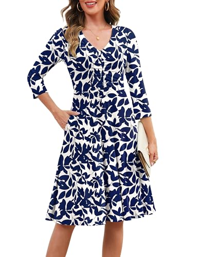 Annebouti Womens 2026 Spring Midi 3/4 Sleeve Dress Fashion Elegant Semi Formal Work Teacher Outfits Boho Flower Casual Vacation Christmas Holiday Dress with Sleeves Navy Blue Floral XXL