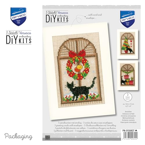 Image of Vervaco Counted Cross Stitch Christmas Cards Kit Set of 3 Festive Feline Holiday Embroidery Kit for Beginners ca. 10,5 x 15 cm DIY Stationairy Set Gift for Crafters