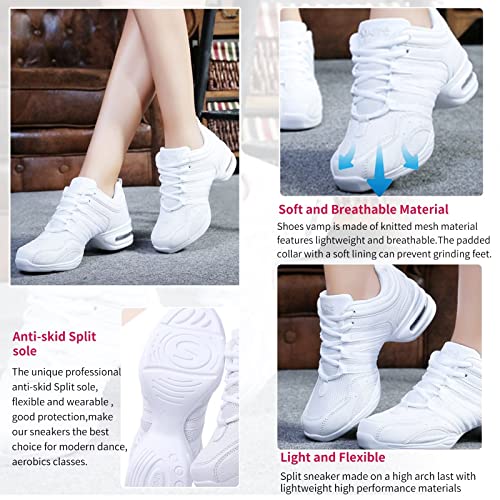Women's Jazz Shoes Lace-Up Sneakers,Mesh Slip Thick Soled Jazz Dance Shoes, Cushion Lady Girls Modern Breathable Air Cushion Split Sole Athletic Walking Dance Shoes A White 8M #TOP4