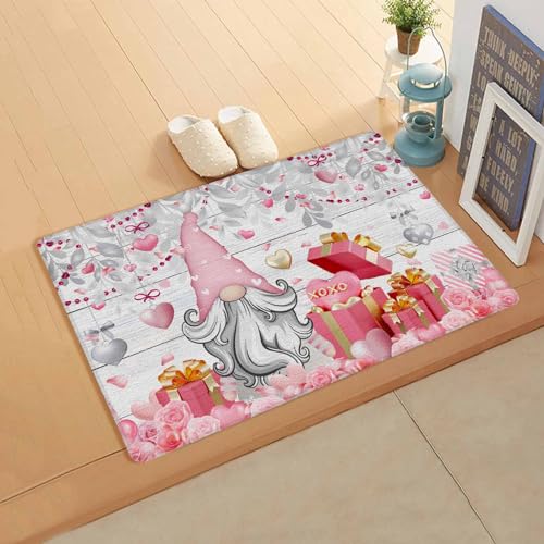 Valentine's Silver Leaves Kitchen Bath Door Mat Cushioned Runner Rug,Washable Welcome Floor Sink Antifatigue Mat,Waterproof & Non-Slip Comfort Standing Doormat,Pink Rose Sweet Love Wood 18