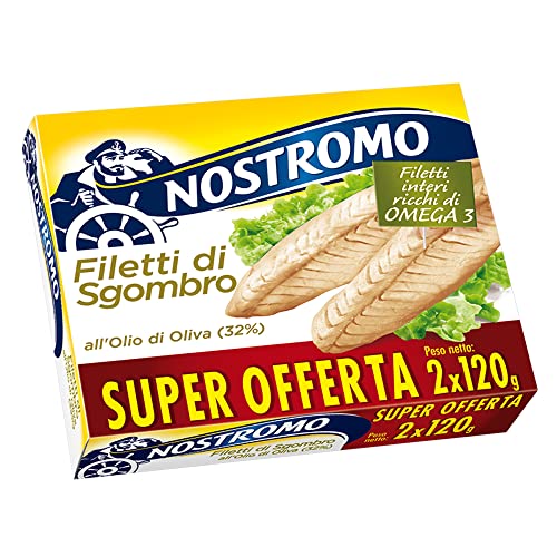 Nostromo - Filetti di Sgombro Interi all'Olio di Oliva, 2 Lattine da 120g - Ricchi di Omega 3, Senza Conservanti