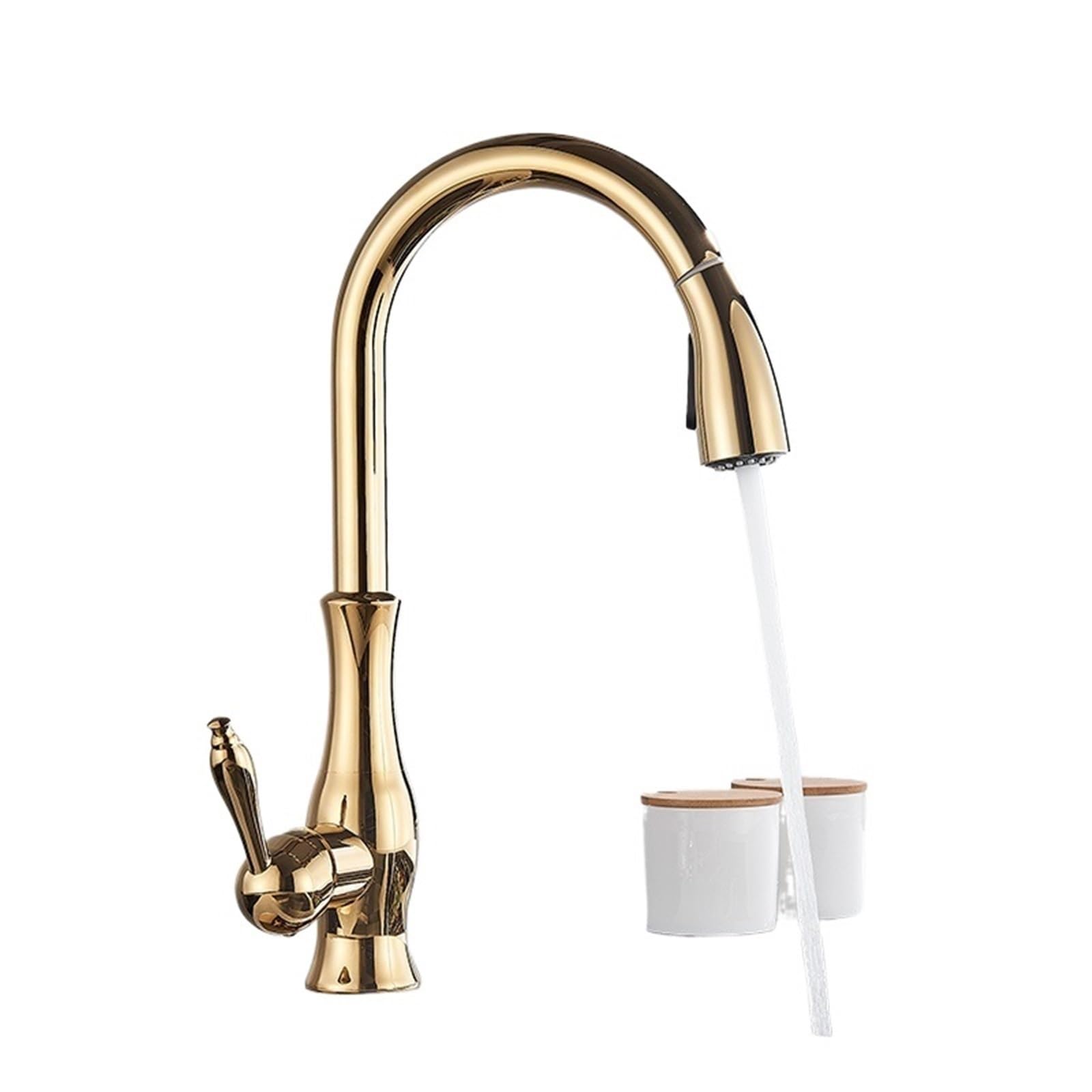 Pull Out Tap Polish Swivel Spout Kitchen Sink Faucet Pull Down Sprayer Design Bathroom Hot&Cold Water Mixer Tap(Gold Polish)