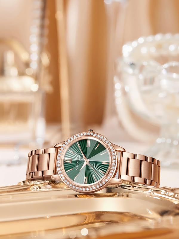 Image of Giordano Analog Watch for Women with Sunray Round Dial, Crystal Studded Bezel, Roman Numerals Markers, Quartz Movement and Rose Gold Stainless Steel Strap - GZ-60118