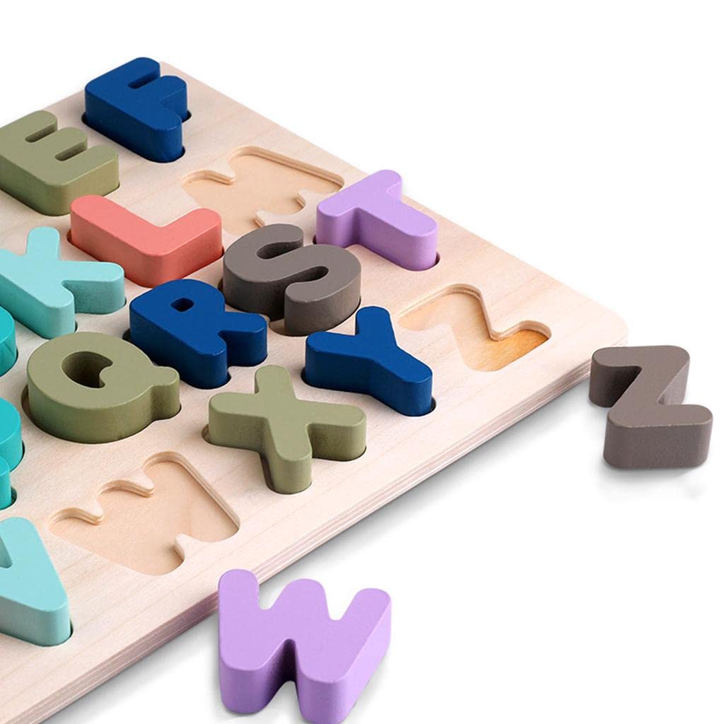 Puzzle Juego Educativo Tablero de Madera Bloques Apilables para Desarrollo Niños Bebés Motricidad Fina Coordinación Mano Ojo Apre, Carta mayúscula