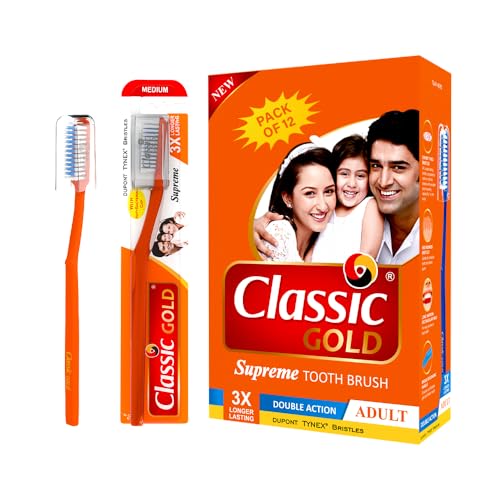 Image of Classic Gold Supreme Medium Manual Toothbrush For Adults | With Dupont Tynex Bristles and Crystal Clear Anti Bacterial Cap | Pack of 12 Pieces - Multicolor