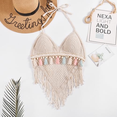 Image of PALAY Women's Summer Crochet Granny Square Halter Tops Boho Sleeveless Backless Fringe Trim Cami Cover Up Tank Crop Top