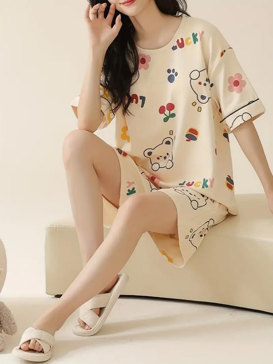 Image of Lunza Women's Cotton Blend Pajama Set, Short Sleeve T-Shirt and Shorts, Cute Bear Print Nightwear