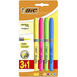 BIC Highlighter Grip Highlighter Pen Verstelbaar Beitelpunt – Verschillende Kleuren, Pak van 3+1 Stuks
