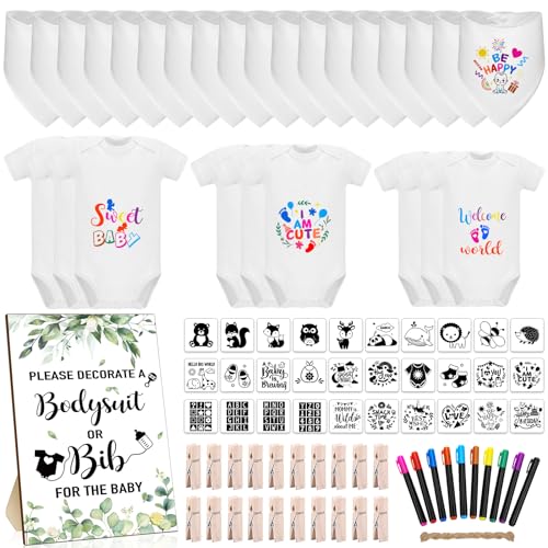 Bunnycool 88 Pcs Baby Shower Games Bodysuit Design Game 9 Newborn Bodysuit 18 Bib 10 Fabric Markers for Gender Reveal Party(Greenery)
