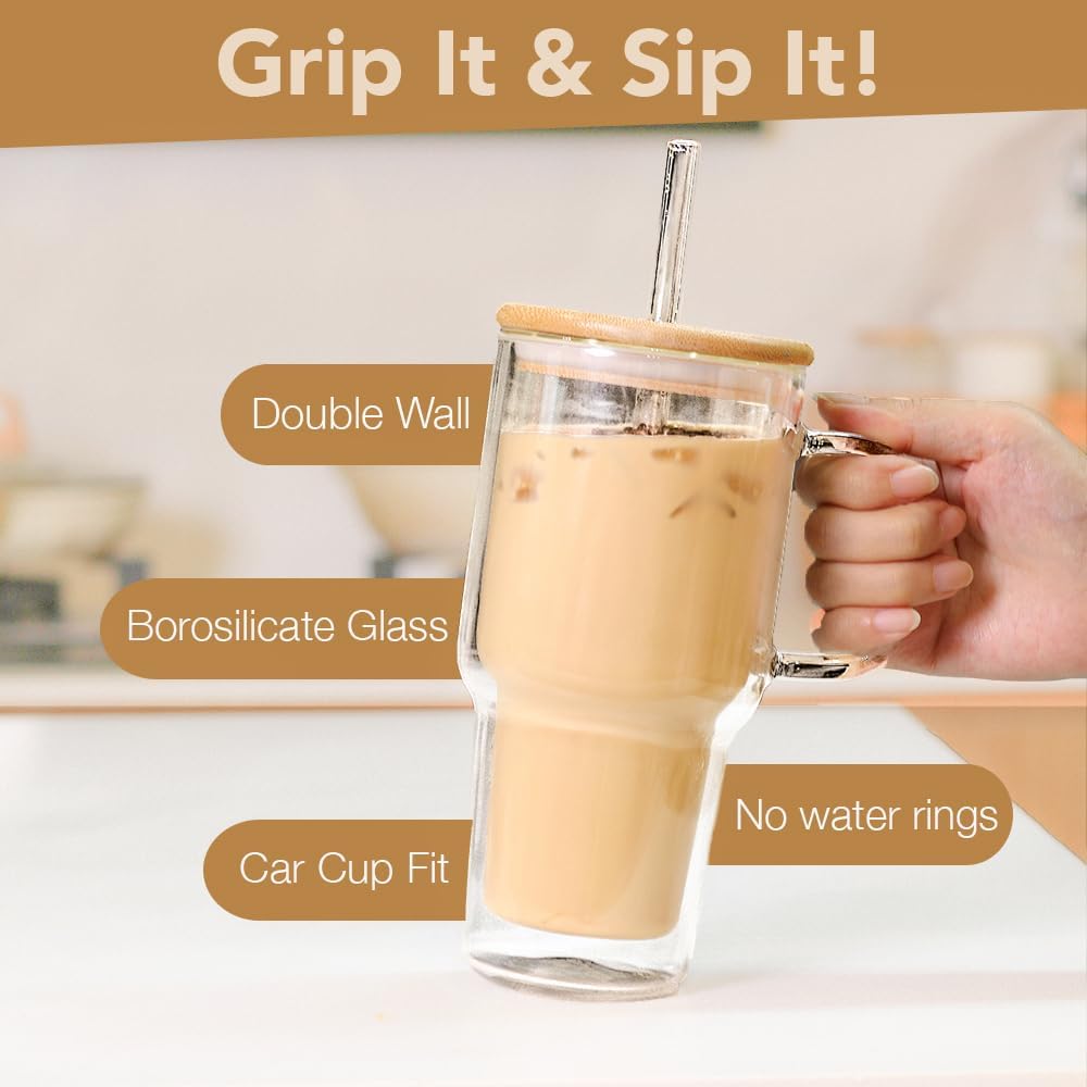 Double Wall Glass Tumbler with Handle and Straw Lid, 20oz Insulated Travel Mug Cup for Hot and Cold Drinks, Clear Glass Drinking Tumbler Cupholder Friendly - Image 2
