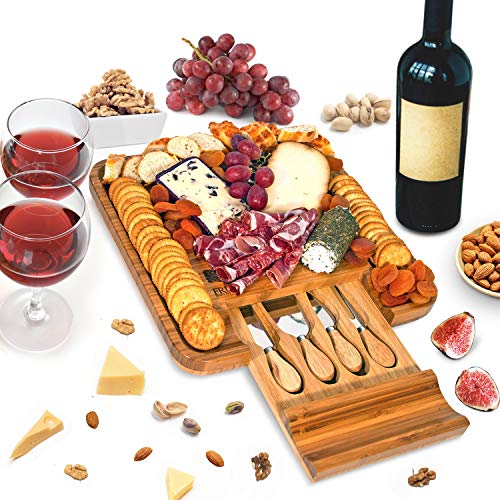 Bamboo Cheese Board and Knife Set - Wood Charcuterie Board Set - Serving Meat & Cheese Board with Slide-Out Drawer for Cutlery - 4 Stainless Steel Knives and Server - Thumbnail 2