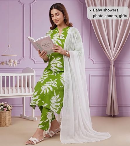 Image of DUMMY SHAPE Feeding Kurtis for Women Cotton Blend | Floral Kurta Pant Dupatta Set with Nursing Zippers to Pre & Post Partum | Maternity Dresses | Mom to Be Gifts for Pregnant Woman