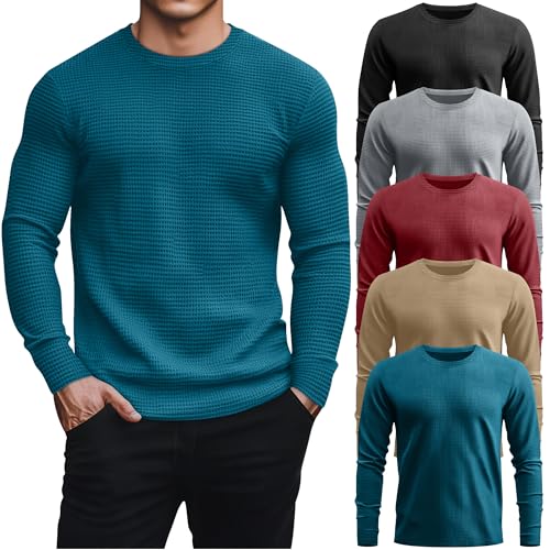 August Alley 5 Pack Thermal Waffle Shirts for Men, Crew Neck Long Sleeve Casual Pullover Underwear Textured Knit Tops(Black, Gray, Red, Light Brown, Emerald Green,Medium)