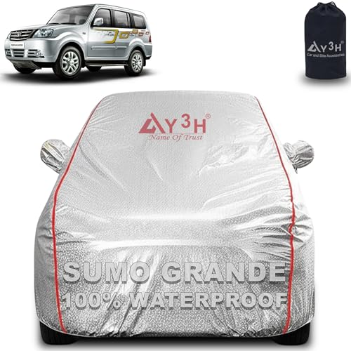 Image of 100% Waterproof Car Cover Compatible with Tata Sumo Grand | All Weather, Dust Proof, UV Protective with Mirror Pocket (Silver Magic)