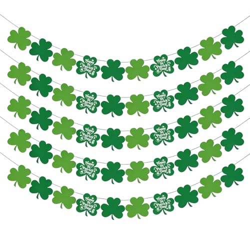St Patricks Day Decorations - 5 Pack Shamrock Clover Garland Banner - NO DIY Felt Hanging Banner for Home Mantel Office Irish Party Supplies Wall Fireplace Decor