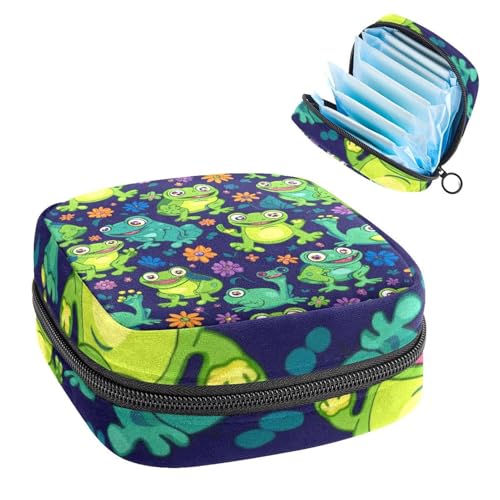 Portable Menstrual Pad Bags, Large Capacity Sanitary Napkin Storage Bag, First Period Kit for Girls Women, Zipper Nursing Pad Holder Flower Cartoon Happy Frogs