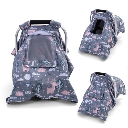 Image of Car Seat Cover Baby, Carseat Covers with Screen Mesh Window, Breathable Baby Carrier Canopy for Boys, Girls, Universal Infant Car Seat Protection Shield for Sunlight, Dust