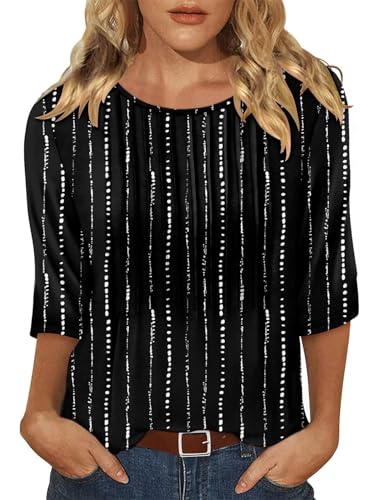 KISSMODA Tunic Tops for Women Loose Fit Dressy Round Neck Pleated 3/4 Length Sleeve Spring Tops